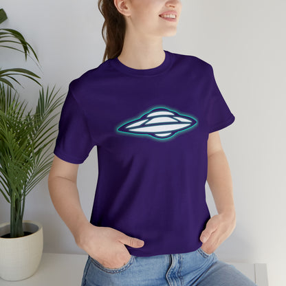 Purple T-Shirt with glowing green ufo design. Taken from the TEQNEON Spacecraft collection