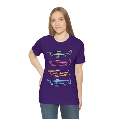 Purple T-Shirt with vibrant mutli-coloured stacked trumpets neon design. Taken from the TEQNEON Music Box collection