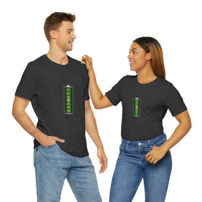 Dark Grey T-Shirt featuring a green and chrome 'battery' design from the TEQNEON Radioactive collection, named FULLY CHARGED