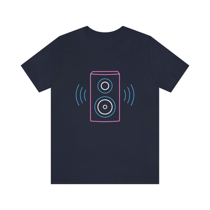 Navy T-Shirt with vibrating neon sound speaker design. Taken from the TEQNEON Music Box collection.