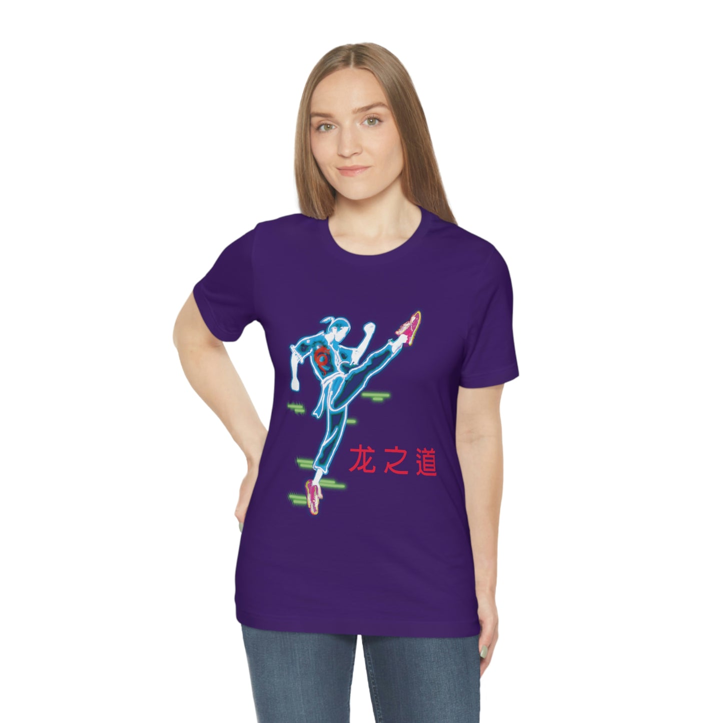 Purple T-Shirt featuring a neon-esque martial arts fighter with red Cantonese text stating 'Way of the Dragon' from the TEQNEON Neolific collection, called CYBERFU