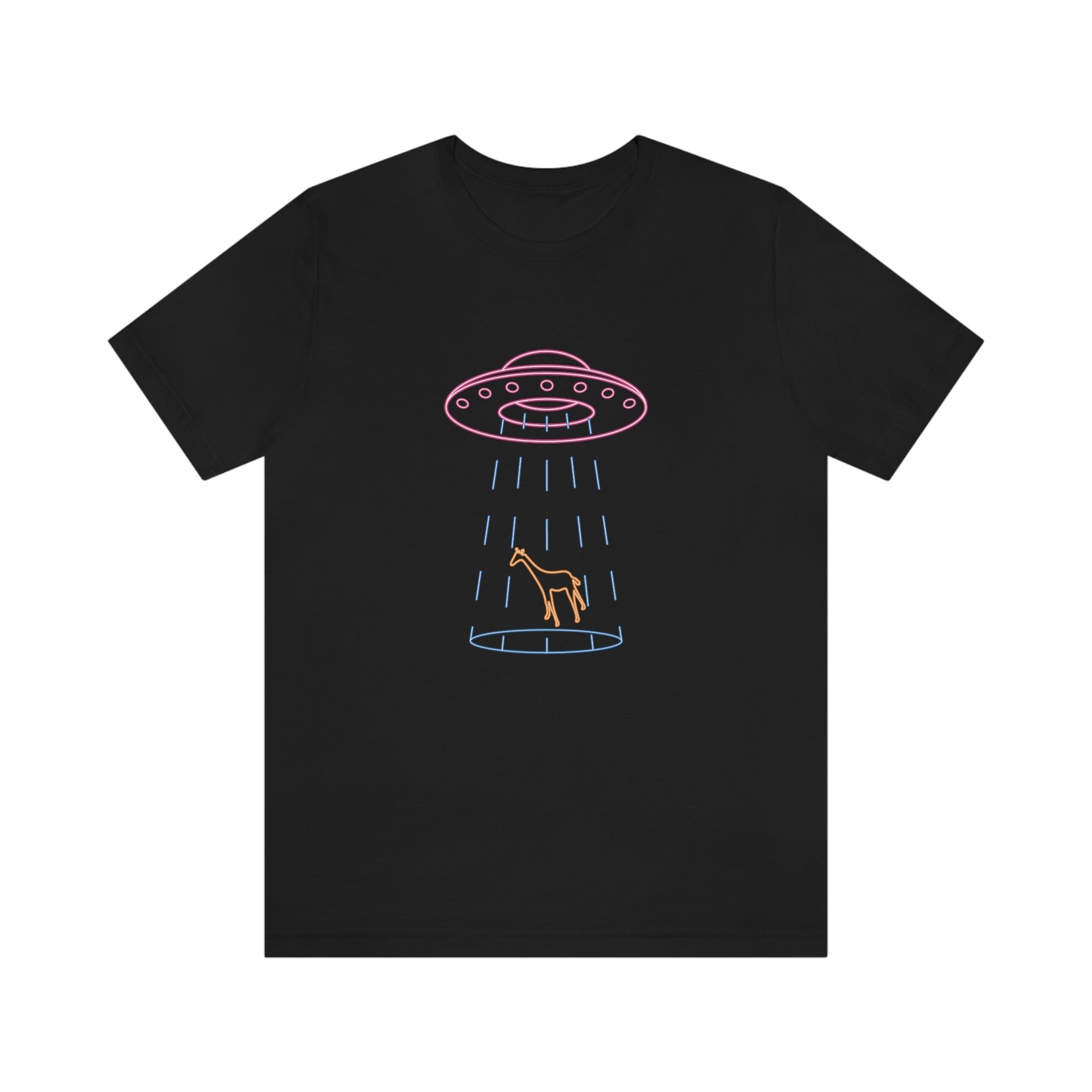 Black T-Shirt with fun multi-coloured neon design of a ufo beaming up a giraffe. Taken from the TEQNEON Ha Ha Land collection.