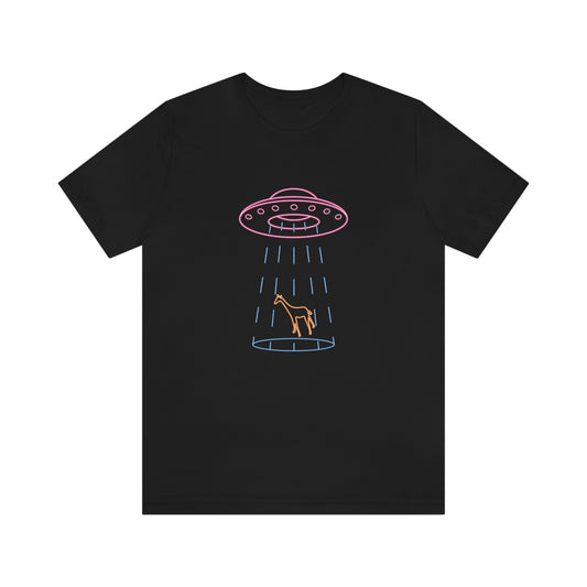 Black T-Shirt with fun multi-coloured neon design of a ufo beaming up a giraffe. Taken from the TEQNEON Ha Ha Land collection.