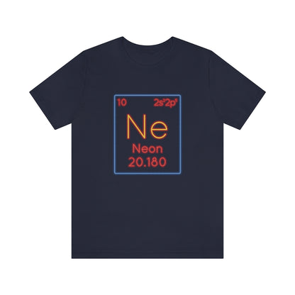 Navy T-Shirt with a vibrant multi-coloured 'neon chemical symbol' design, reminiscent of a neon element tile from the TEQNEON Word Craft collection