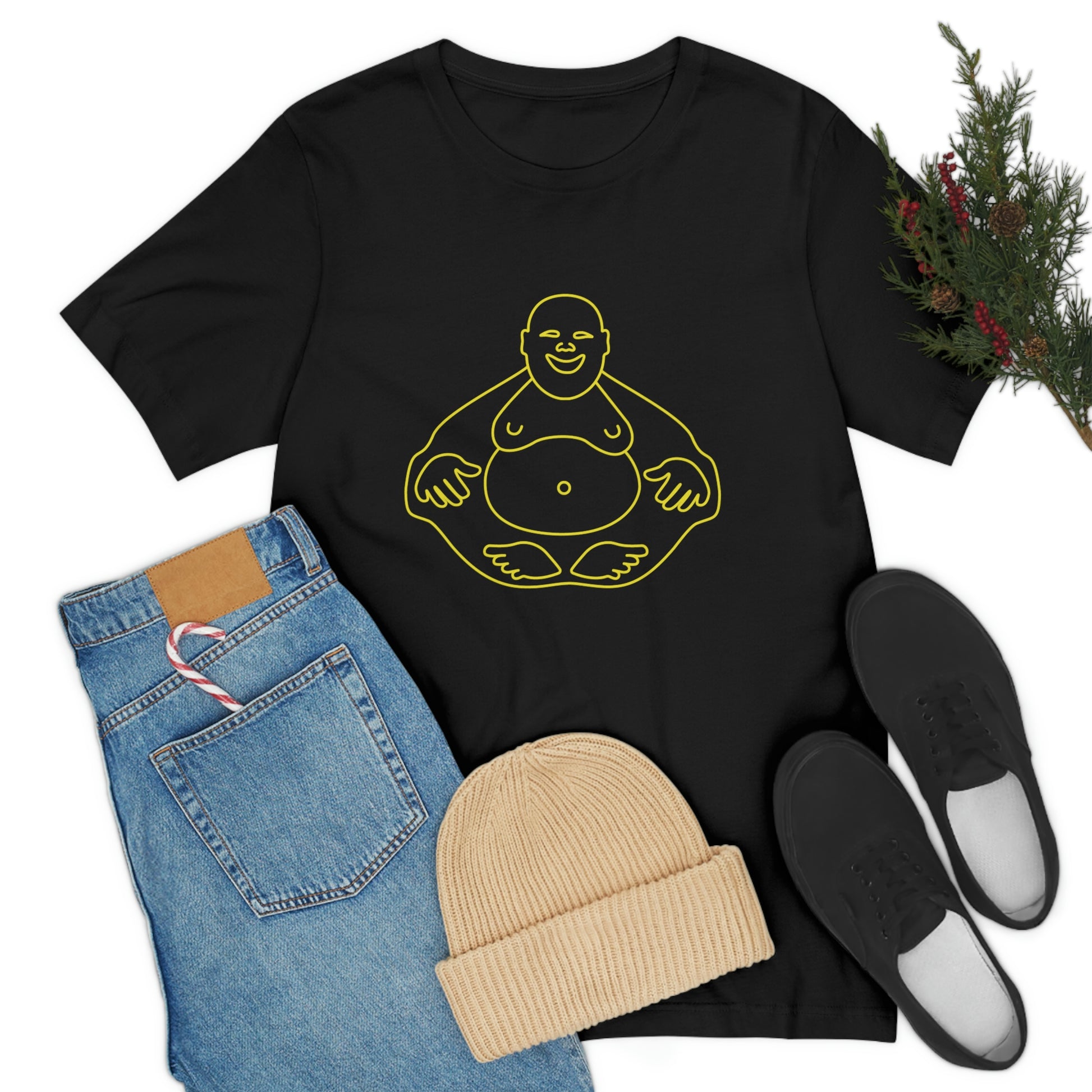 Black T-Shirt featuring a yellow 'Laughing Buddha' design from the TEQNEON Ha Ha Land collection, exuding joy and humour