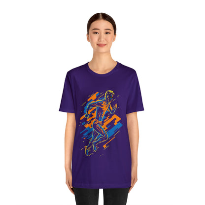Purple T-Shirt featuring a vibrant and dynamic runner design, capturing the energy of a 'Running Man'. Taken from the TEQNEON Radioactive collection