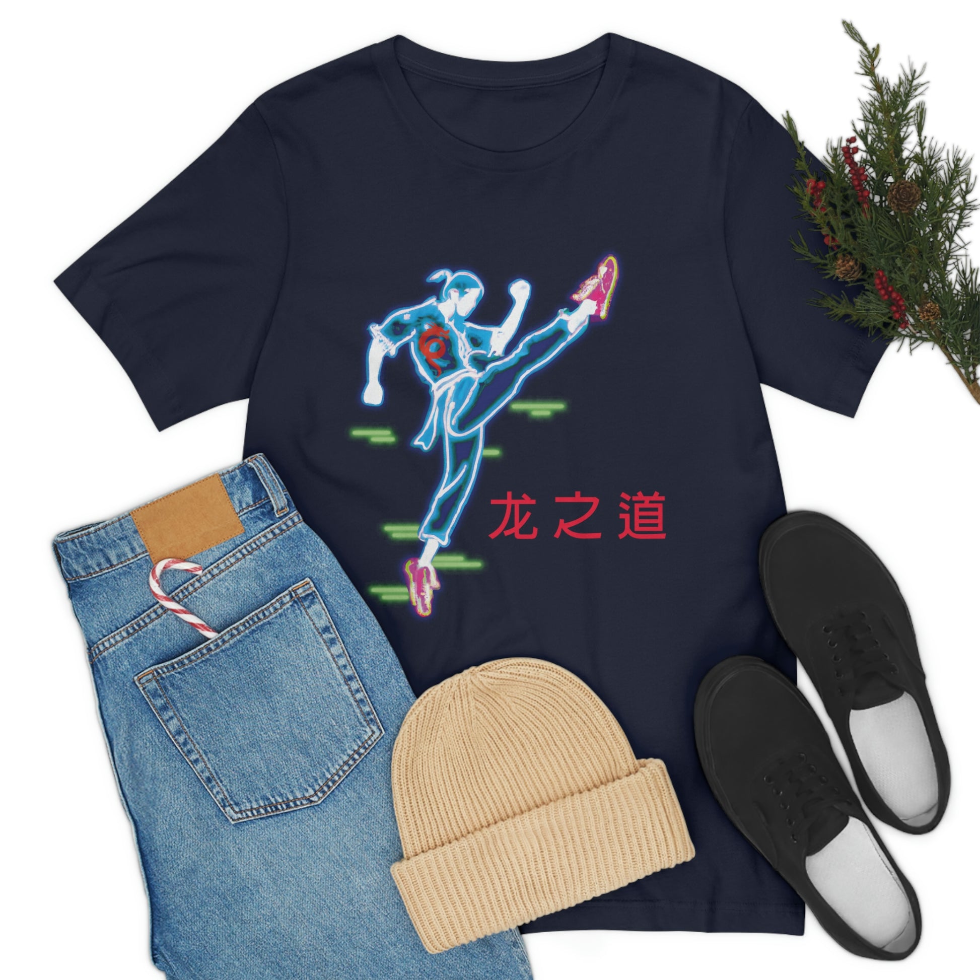 Navy T-Shirt featuring a neon-esque martial arts fighter with red Cantonese text stating 'Way of the Dragon' from the TEQNEON Neolific collection, called CYBERFU