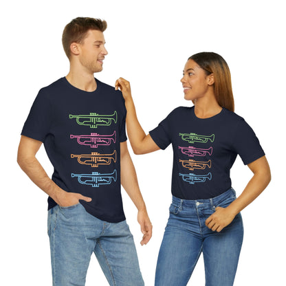 Navy T-Shirt with vibrant mutli-coloured stacked trumpets neon design. Taken from the TEQNEON Music Box collection