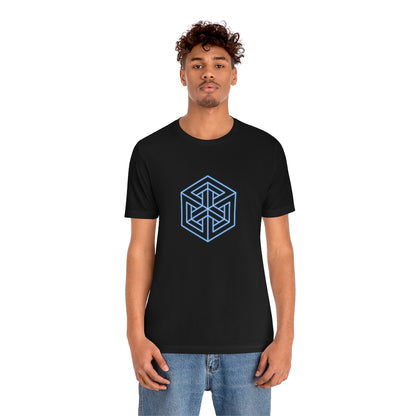 HECTIC CUBE - Black T-Shirt with blue & white “isometric cube” neon design. Taken from the TEQNEON Neo Metric and Ha Ha Land collections.