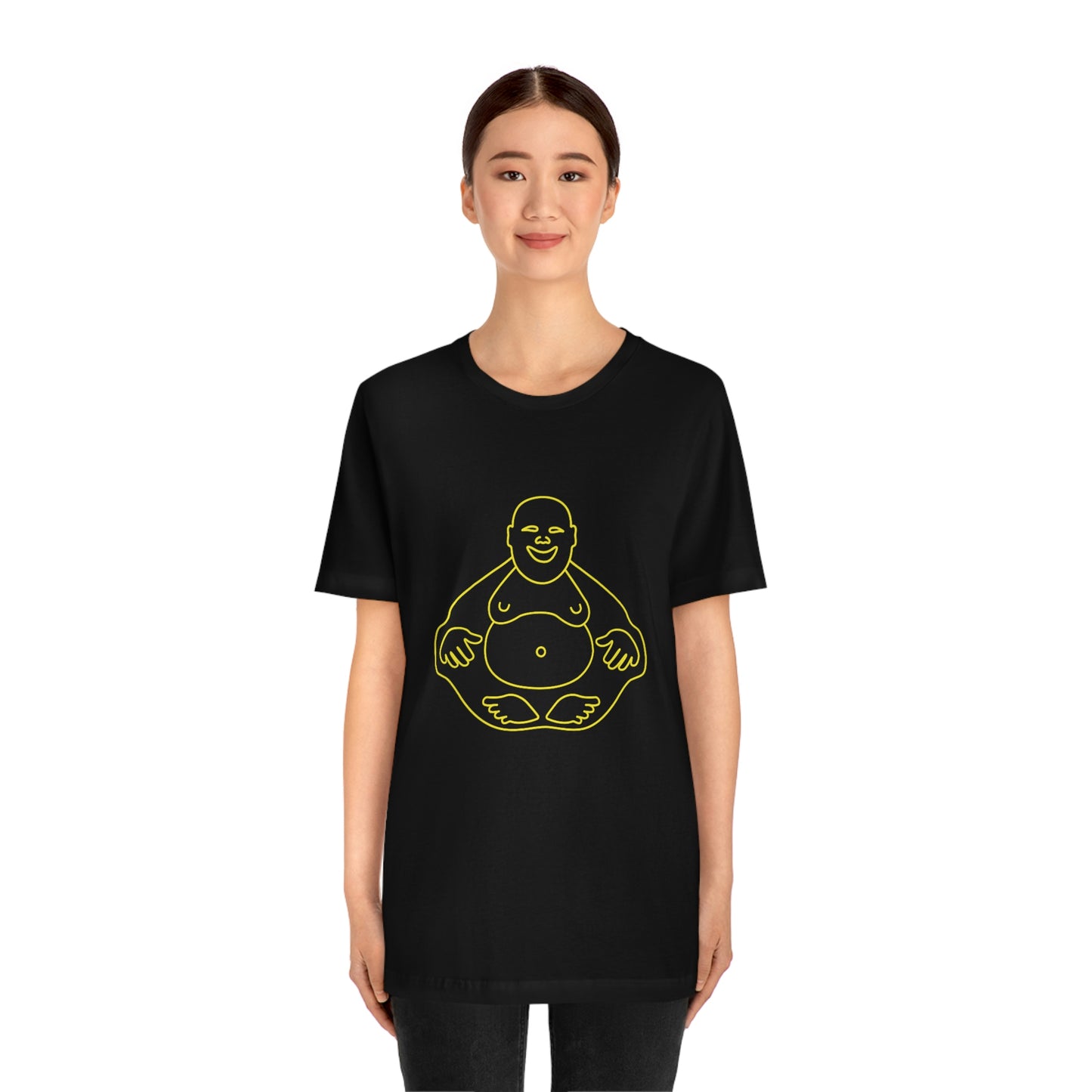 Black T-Shirt featuring a yellow 'Laughing Buddha' design from the TEQNEON Ha Ha Land collection, exuding joy and humour