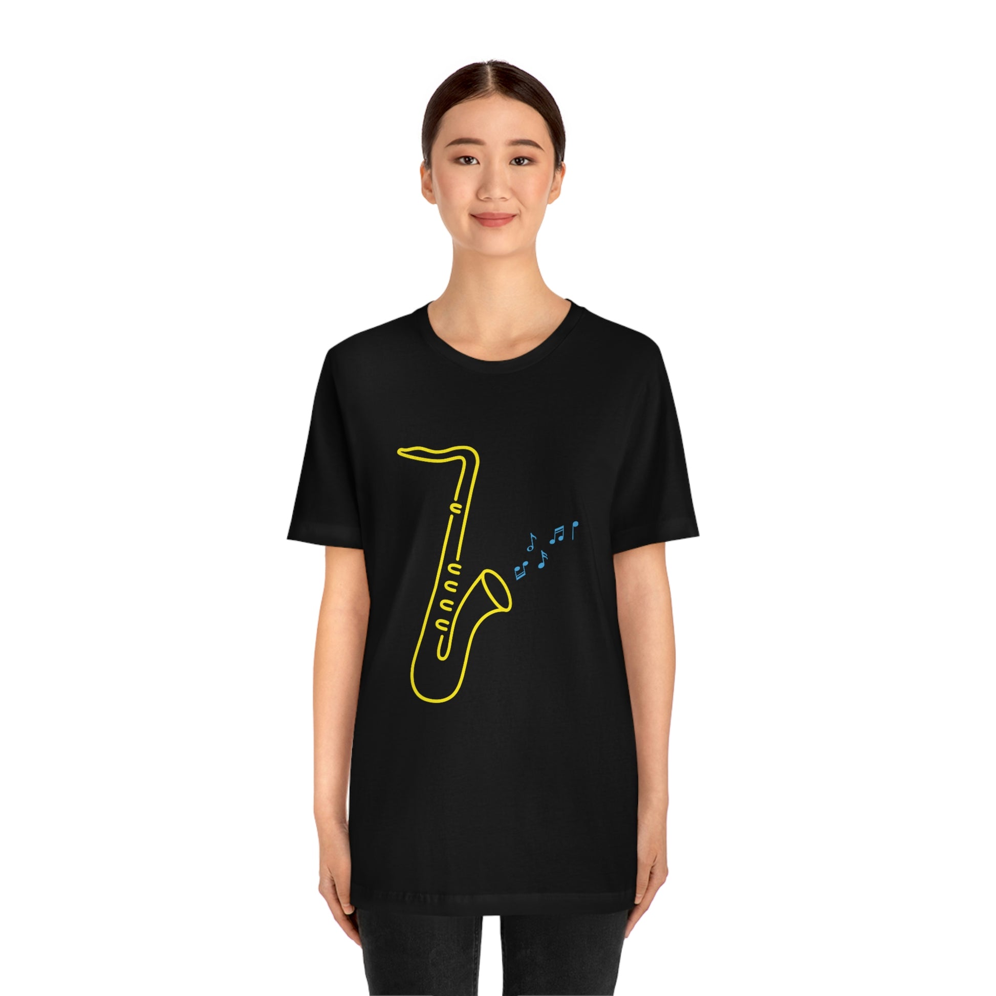 Black T-Shirt with a vibrant neon design of a yellow saxophone and blue musical notes, from the TEQNEON Music Box collection