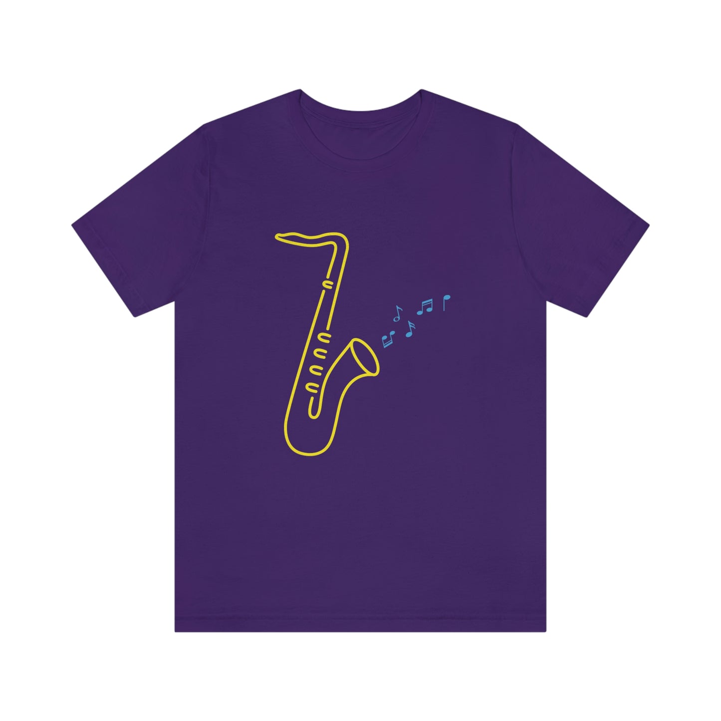 Purple T-Shirt with a vibrant neon design of a yellow saxophone and blue musical notes, from the TEQNEON Music Box collection