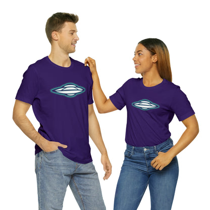 Purple T-Shirt with glowing green ufo design from the TEQNEON Spacecraft collection