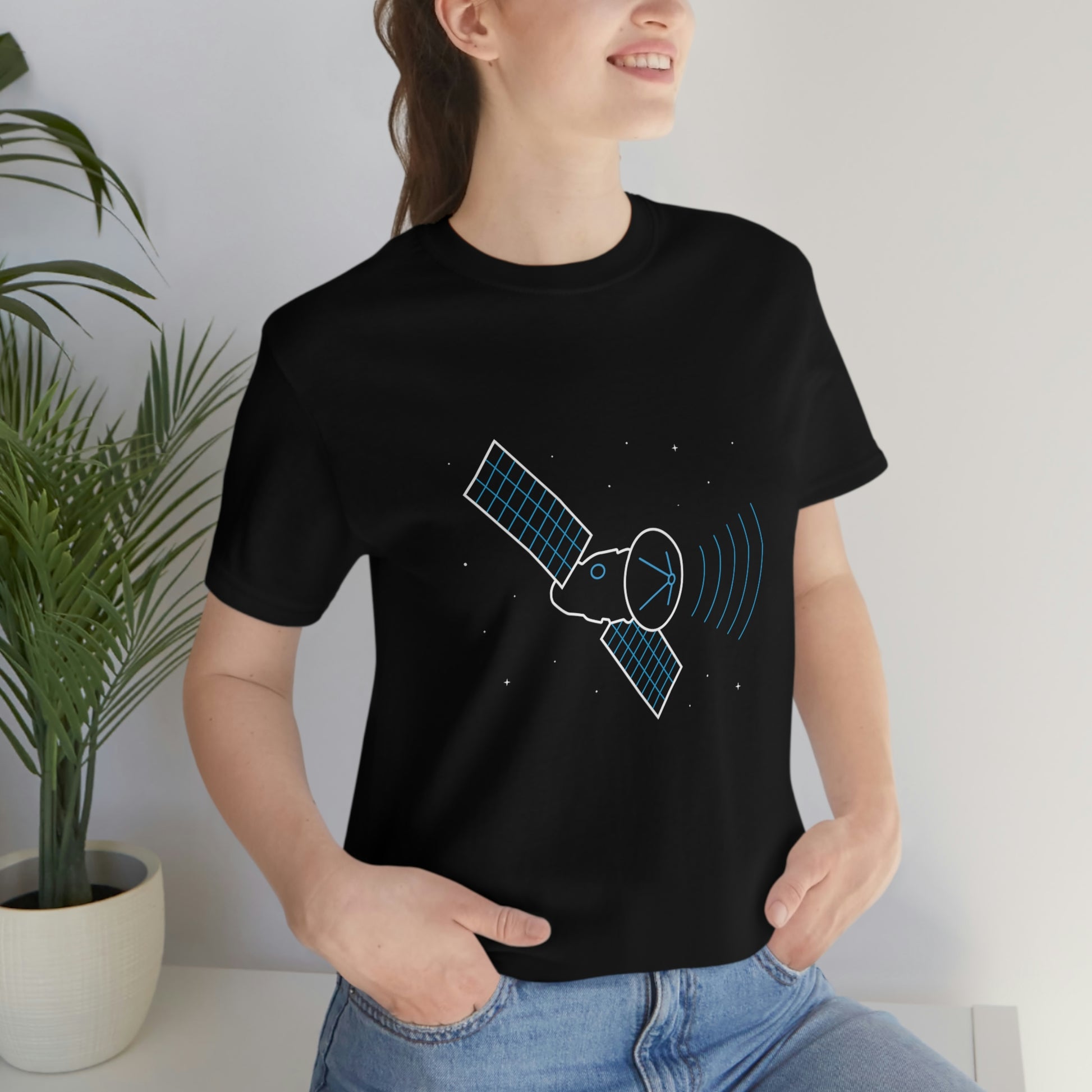 Black T-Shirt featuring a neon transmission satellite space design, from the TEQNEON Spacecraft collection