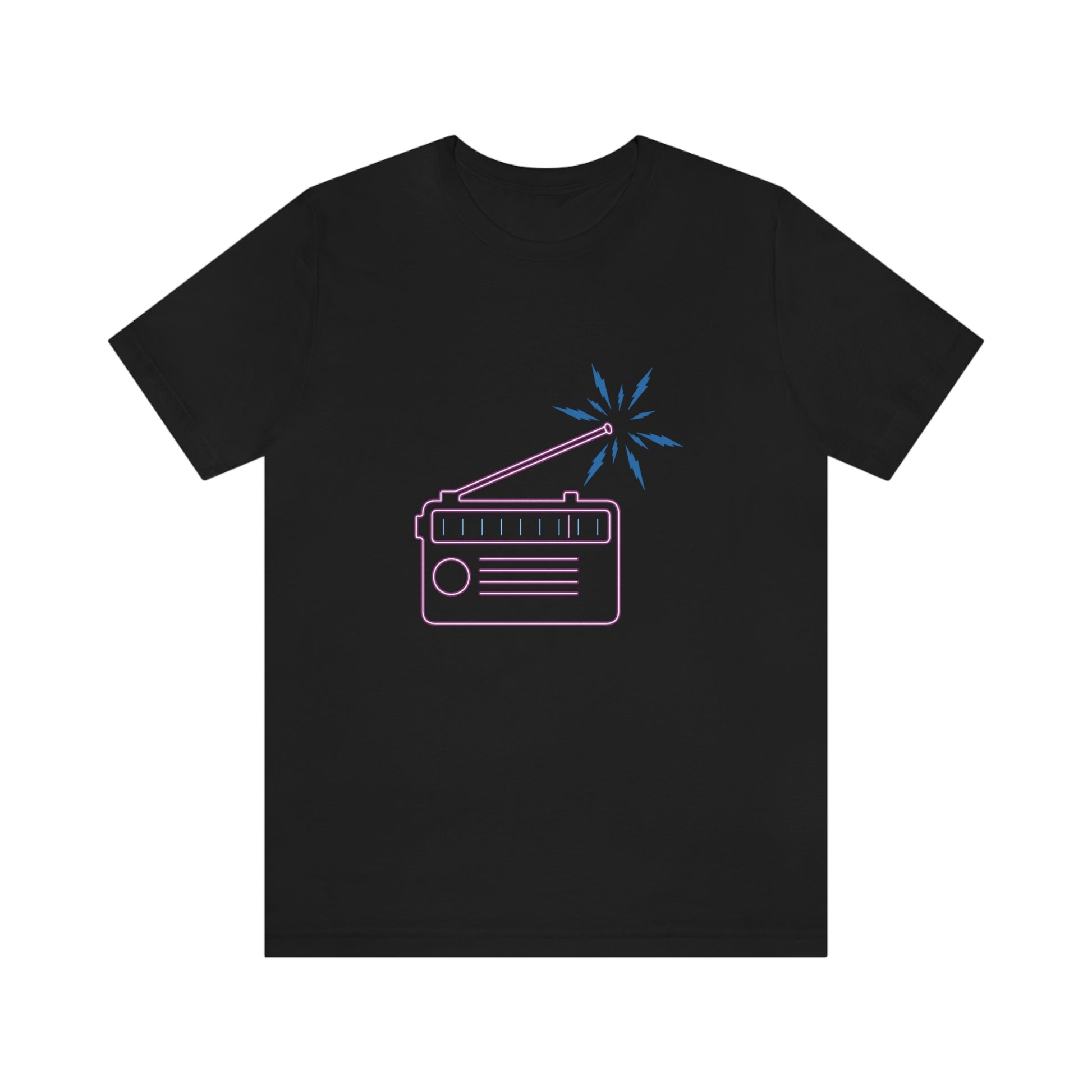 Black T-Shirt featuring a multi-coloured neon radio design, radiating a vibrant energy. Taken from the TEQNEON Radioactive and Retro Classics collections