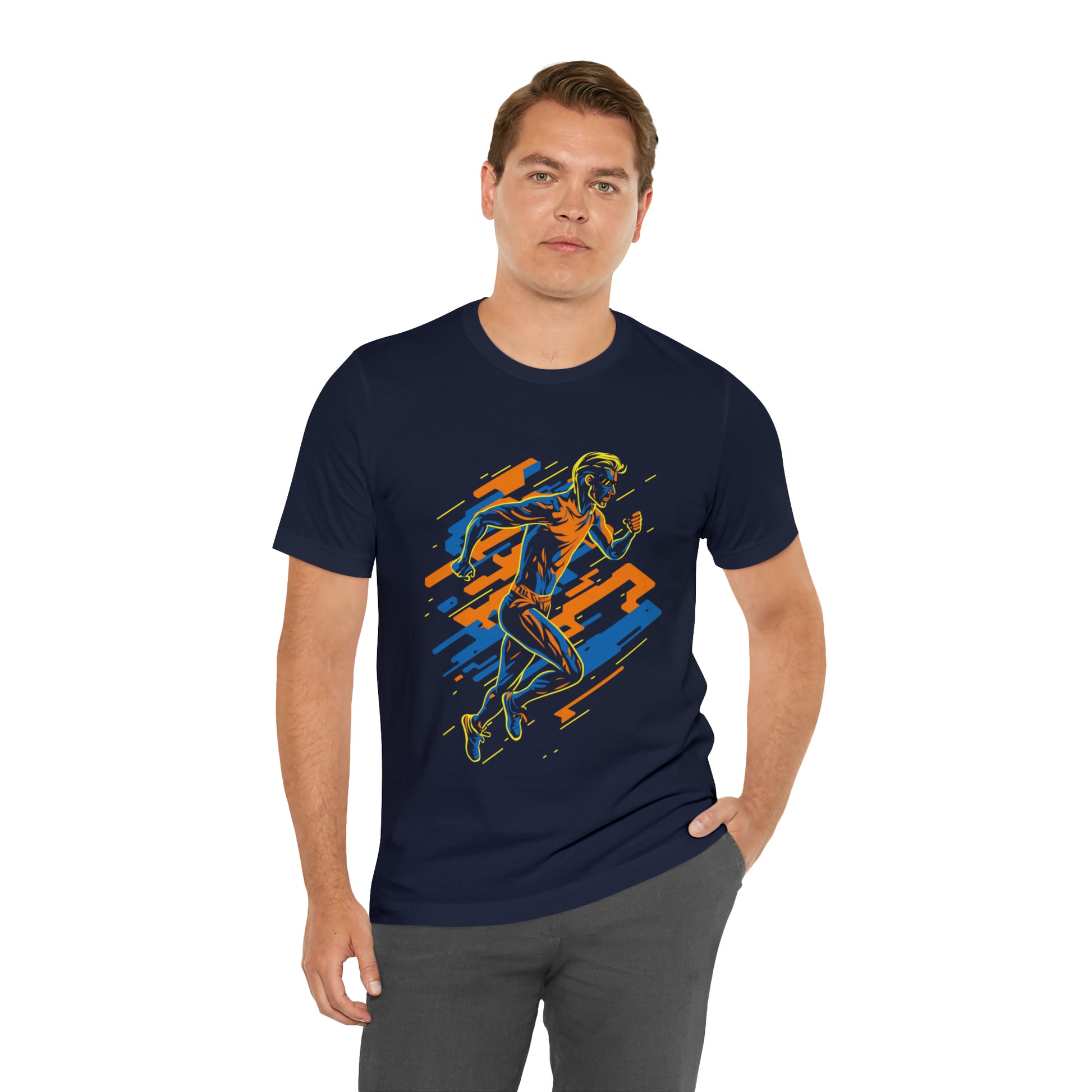 Navy T-Shirt featuring a vibrant and dynamic runner design, capturing the energy of a 'Running Man'. Taken from the TEQNEON Radioactive collection
