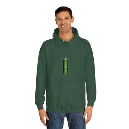 Green Hoodie featuring a green and chrome 'battery' design from the TEQNEON Radioactive collection, named FULLY CHARGED