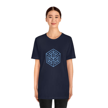 HECTIC CUBE - Navy T-Shirt with blue & white “isometric cube” neon design. Taken from the TEQNEON Neo Metric and Ha Ha Land collections.