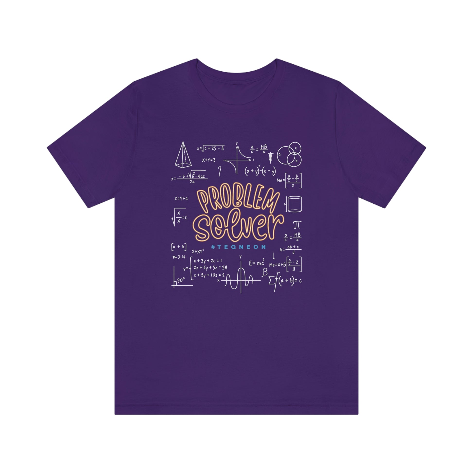 Purple T-Shirt with centred 'Problem Solver' text, featuring 'hashtag TEQNEON' in muted blue, surrounded by intricate white mathematical symbols. From the TEQNEON Word Craft collection