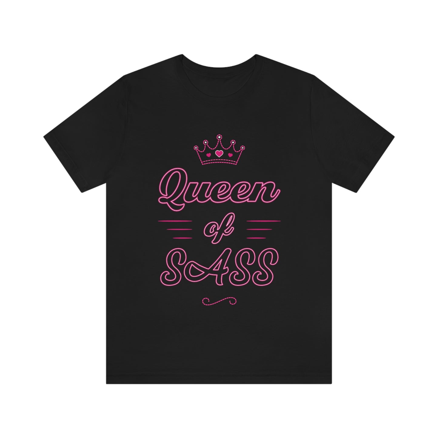 Black T-Shirt with hot pink neon text saying' Queen of Sass'. From the TEQNEON Word Craft collection