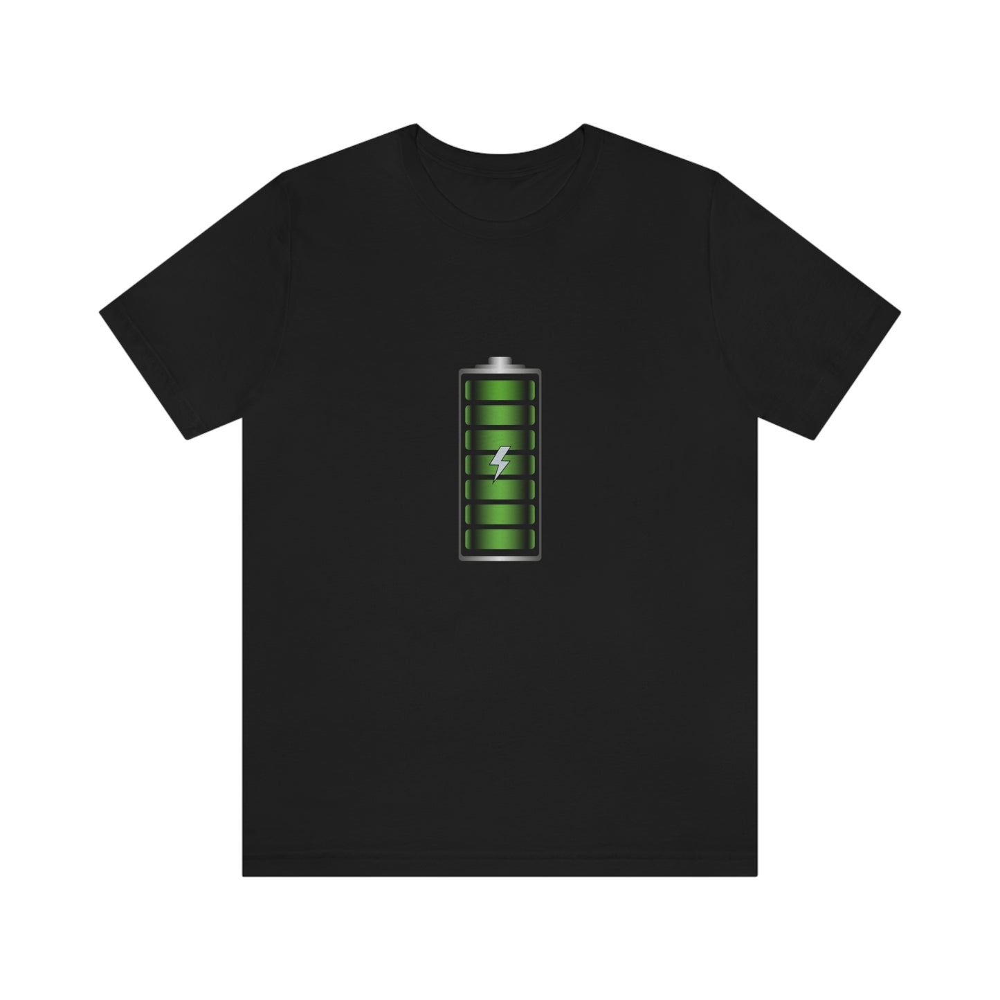 Black T-Shirt featuring a green and chrome 'battery' design from the TEQNEON Radioactive collection, named FULLY CHARGED