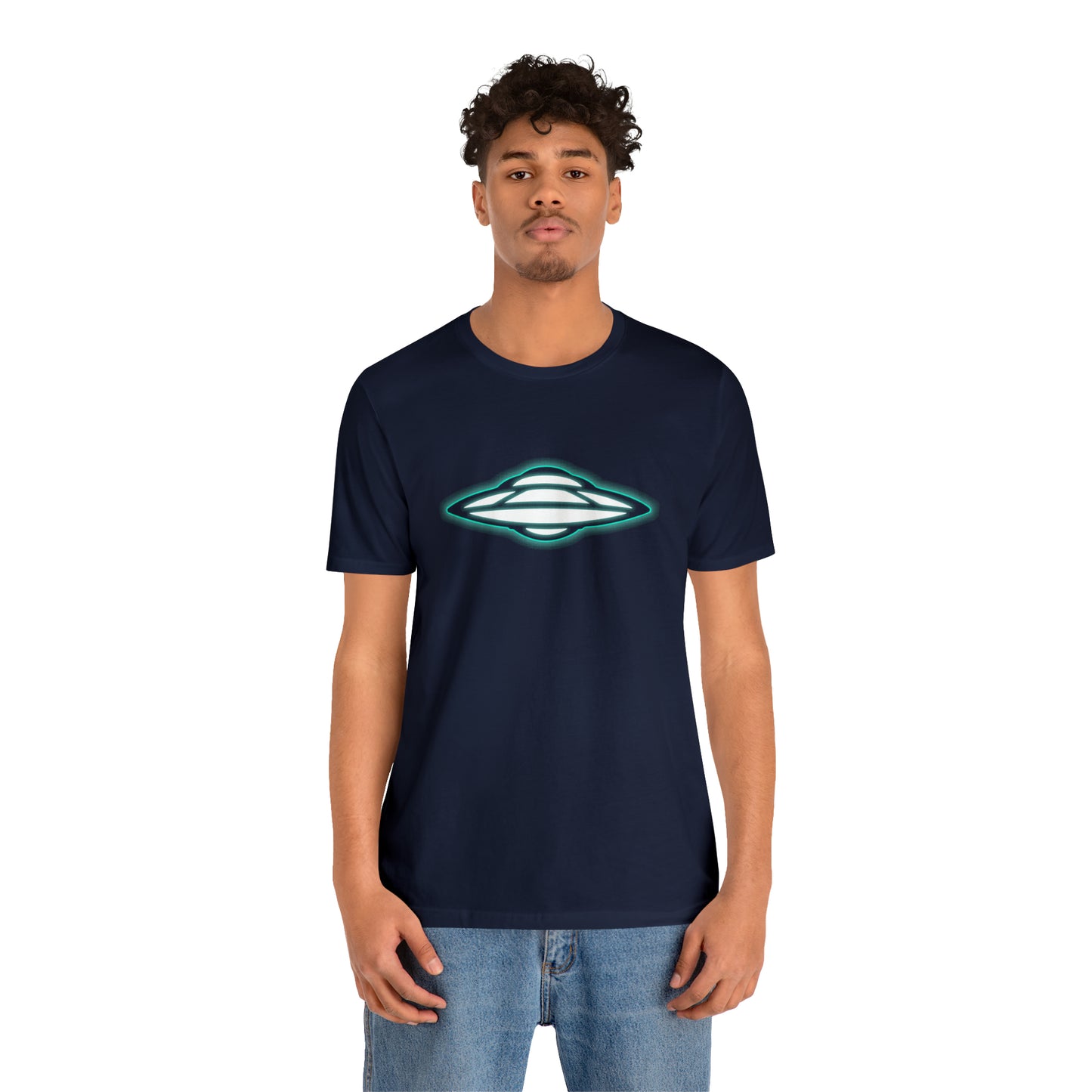 Navy T-Shirt with glowing green ufo design. Taken from the TEQNEON Spacecraft collection