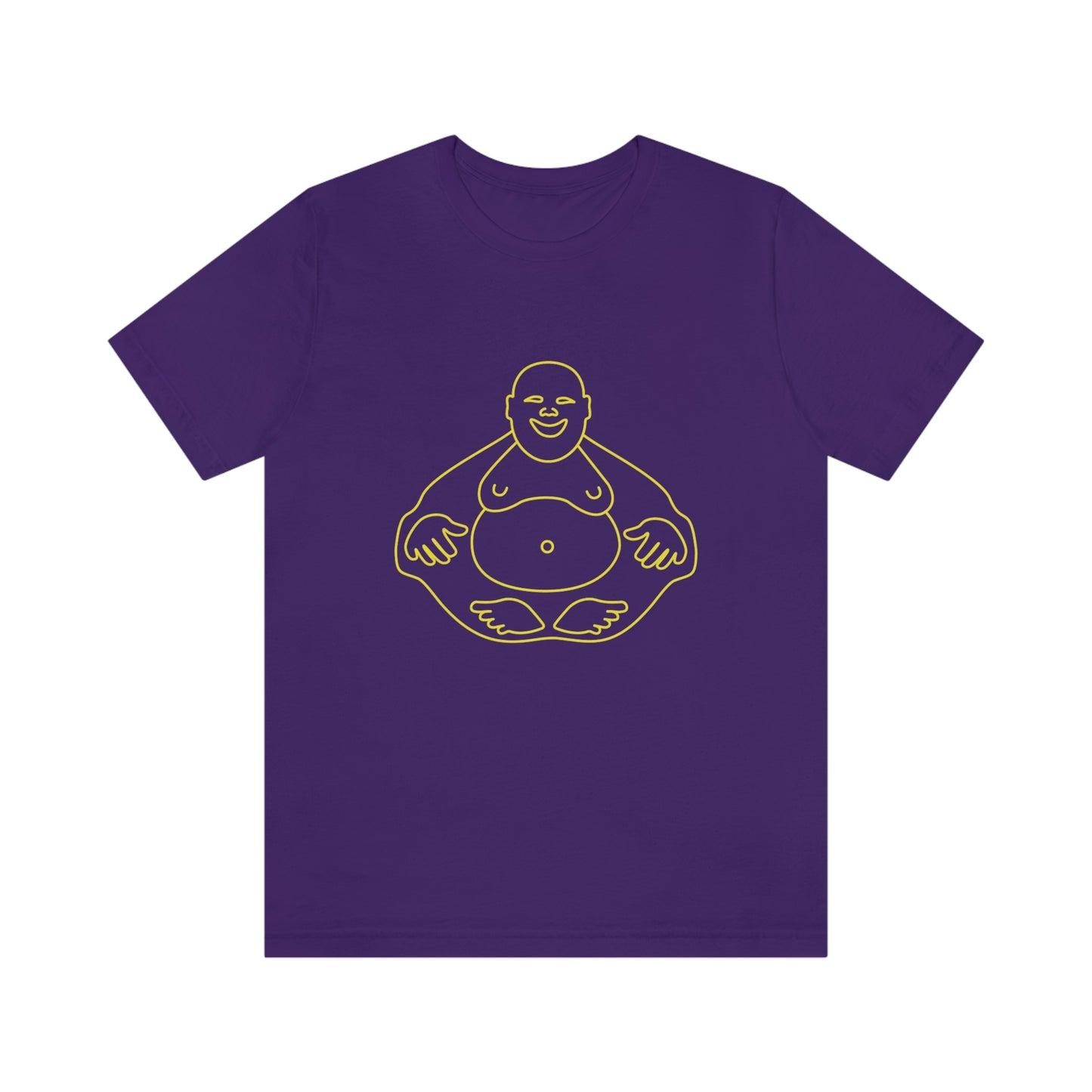 Purple T-Shirt featuring a yellow 'Laughing Buddha' design from the TEQNEON Ha Ha Land collection, exuding joy and humour