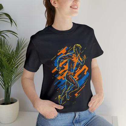 Dark Grey T-Shirt featuring a vibrant and dynamic runner design, capturing the energy of a 'Running Man'. Taken from the TEQNEON Radioactive collection