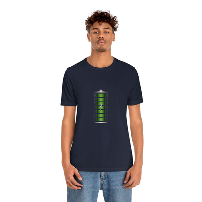 Navy T-Shirt featuring a green and chrome 'battery' design from the TEQNEON Radioactive collection, named FULLY CHARGED