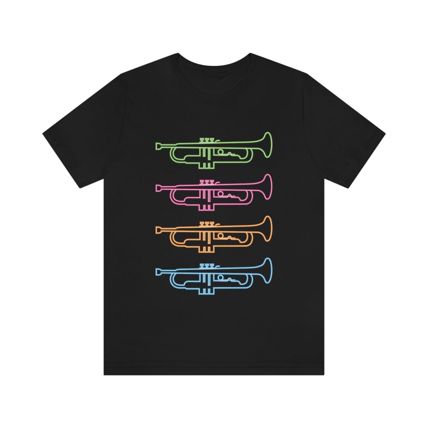 Black T-Shirt with vibrant mutli-coloured stacked trumpets neon design. Taken from the TEQNEON Music Box collection
