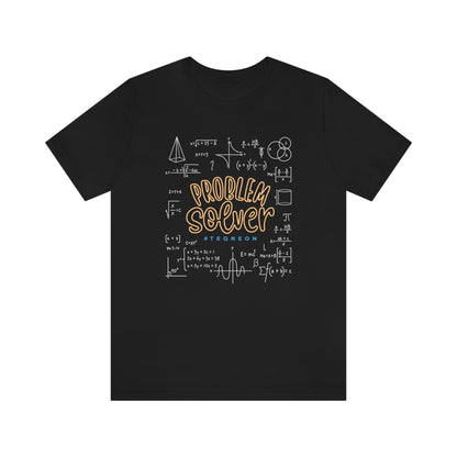 Black T-Shirt with centred 'Problem Solver' text, featuring 'hashtag TEQNEON' in muted blue, surrounded by intricate white mathematical symbols. From the TEQNEON Word Craft collection